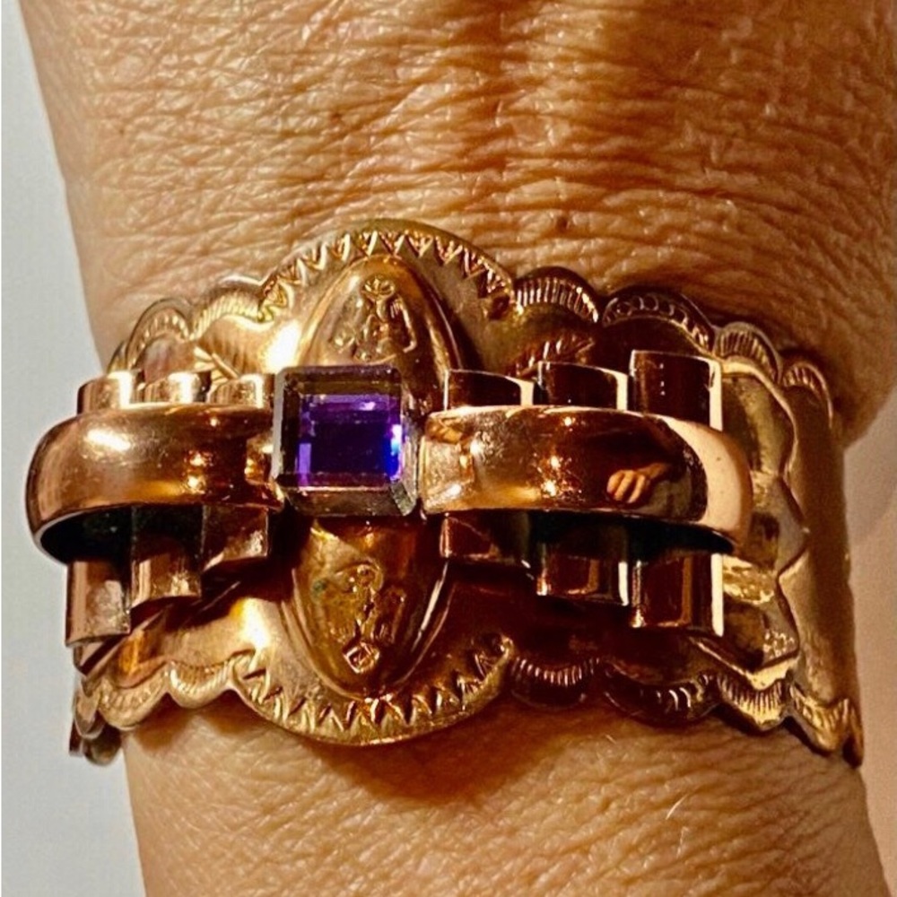 Vintage Retro Copper Cuff Bracelet Purple Accent